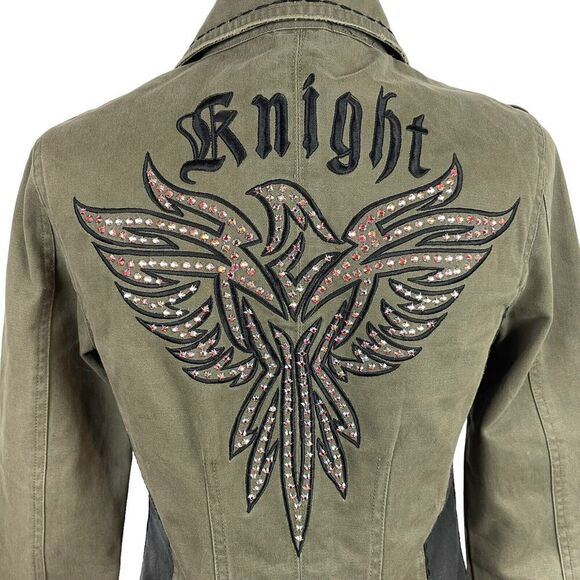 Jaded By Knight Womens Medium Olive Green Egal Leather Military Jacket Studded - Picture 9 of 16